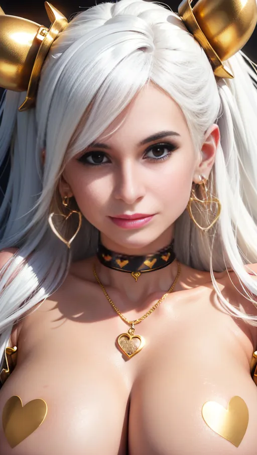 best quality, (((ultra high res))), (detailed face and eyes), hearts, perfect face, big choker, golden earrings, jewelry, ((eyes closeup)), glowing heart, golden heart necklace, big heart pasties, white hair, covered by gold, golden skin, chained