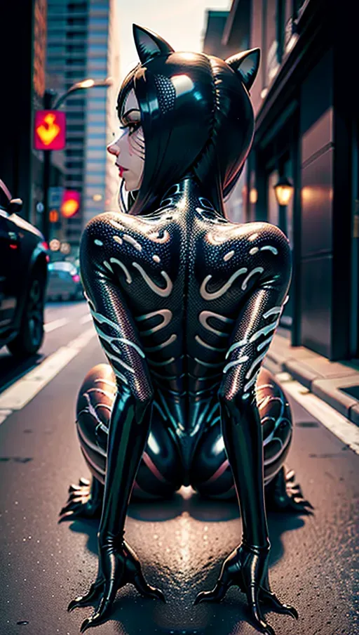 best quality, (((ultra high res))), (detailed face and eyes), Victoria Justice female symbiote transformation, (((symbiote goo everywhere))), five fingers per hand, body intrusion, <lora:dpmg_translucent_skin:1>, (black goo), venom bodysuit, 1boy, 1girl, Sex, ((symbiote boy)), from behind, all fours, in town