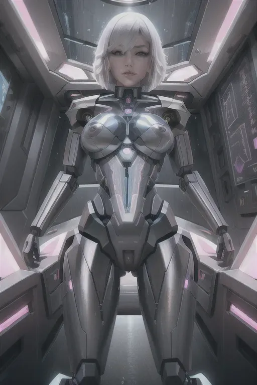 a digital painting of lucyna kushinada from cyberpunk naked in a spaceship, <lora:dpmg_scifi:0.6>, <lora:dpmg_translucent_skin:0.9>, <lora:dpmg_black_see_through:0.6>, athletic, natural breasts, small tits, saggy tits, 30, blue eyes, (white hair:1.2), bangs, short hair, bob haircut, angled bob haircut, five fingers per hand, beautiful face, beautiful lips, curved eyebrows, peaceful, editorial, pixiv, surreal, 8k, natural lighting, (german:0.4), (italian:0.4), (chinese:0.6), (japanese:1), (eskimo:0.4), wet pussy, lucy from cyberpunk, (cyborg:0.8), (cyberpunk:1), (robot skin:1.2), (nude:0.8), nsfw, (robot body:0.6), wide face, pink eyeliner, skinny, (muscular:0.2), crotchless, vagina, realistic pussy