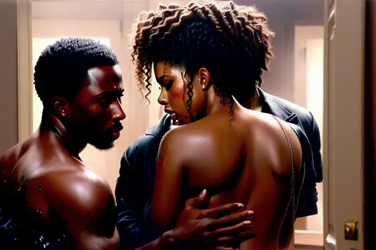 an oil painting of, a black guy, raping scared tear faced naked scarlett johansson in her butt, forced sex,crying, makeup messy, ((1 guy)), ((1 girl))