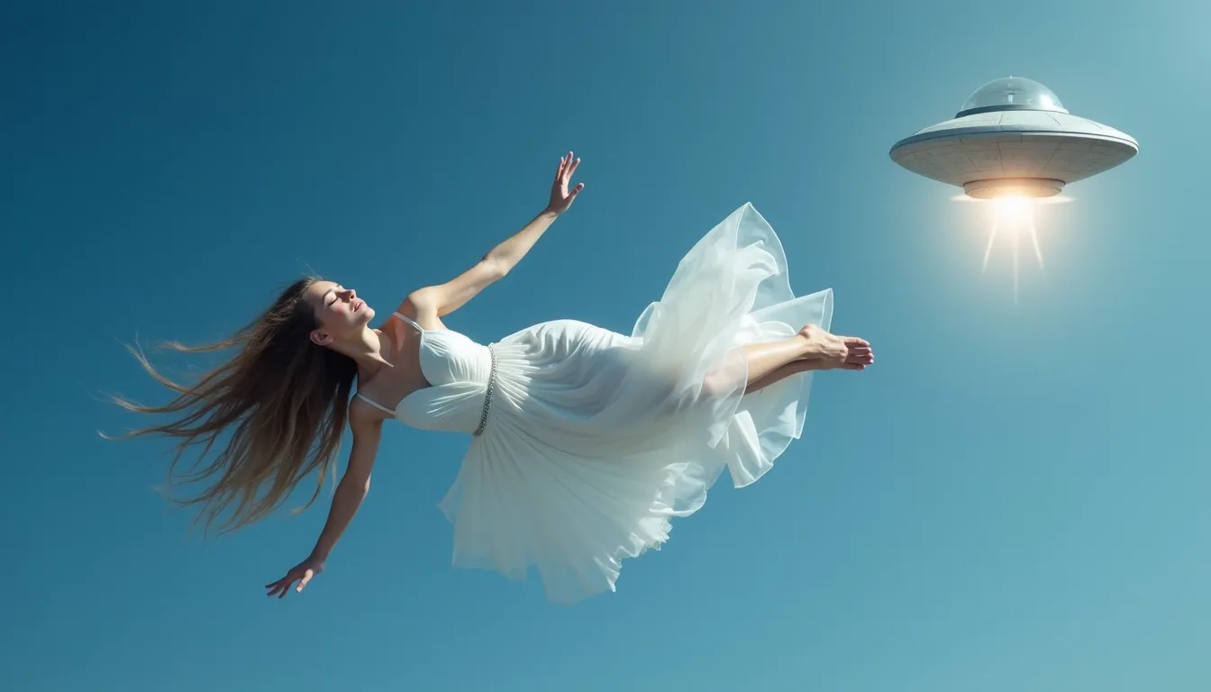 A beautiful white woman, With long hair, Sleeping, In white dress, Realistic, floating horizontally in mid air, blue background, a flying saucer at top right corner with light coming from it's bottom and carrying the woman away to the right side
