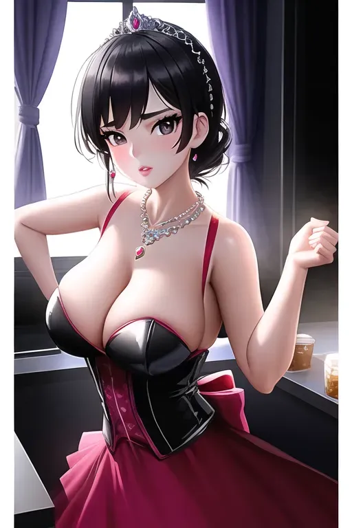a digital art of,a russian girl,wearing princess dress,dancing,in the kitchen,big breasts,five fingers per hand,undercut hair,beautiful face,beautiful lips,black eyes,curved eyebrows,curved eyelid,textured skin,wearing necklace,cinematic lighting,editorial,smooth,artstation,cgsociety