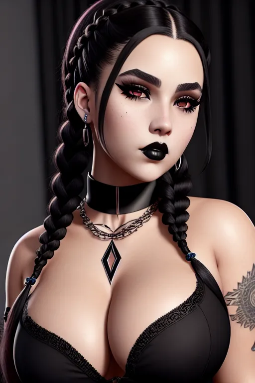a photograph of,bella poarch,wearing goth clothes,kneeing,natural breasts,five fingers per hand,braids hair,beautiful face,beautiful lips,black eyes,curved eyebrows,smooth skin,wearing necklace,sharp focus,unreal engine,pixiv,highly detailed,smooth