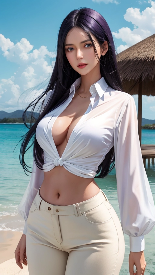 (more_details:1), nico_robin,brown, tanned skin,white formal blouse, purple pants, long black hair, fringe hair, blue eyes, sky epic, rain, round tit, round ,thick thighs, small waist, solo, 1 girl, body perfect, body complete