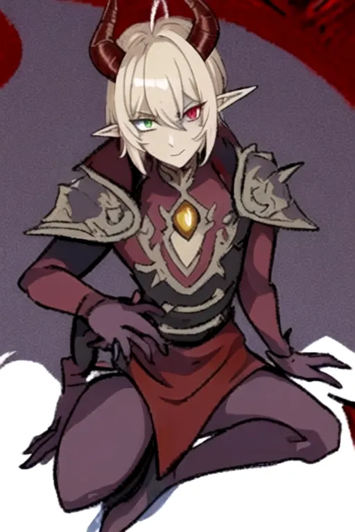 best quality, masterpiece, solo, solo guy male tiefling, golden brown color hair, curled horns devil, androgynous haircut, imp demon , dark paladin, warrior of hell, demon tiefling, hell red power, curled horns, illrigger, armored, 1 male tiefling only, demon, flat chest, posh , leather armor, well groomed, elf ears , jackal imp creature , horns, armored jacket, solo, sharp jagged tail, humanoid, heterochromia, green eye, red eye, determined look in eyes, masterpiece, colorful shirt, short length hairstyle single strand of hair curls on top of head, antenna hairstyle imp demon, ,cute look in eyes, imp demon ,red horns, heterochromia, masterpiece anime style