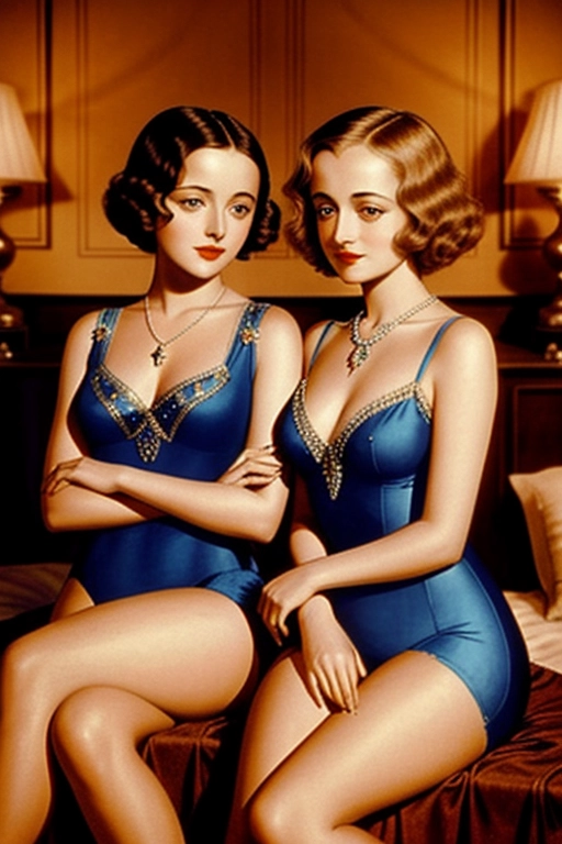 1920s style, beautiful young Olivia de Havilland and Bette Davis, aged 20, ((accurate faces)), sitting together in an elegant bedroom, sexy period leotards,