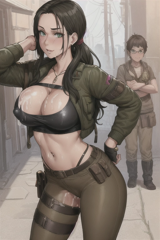 lara croft, (makeup:1), (random face:1.4), (outfit:1.5), cleavage, 8k, UHD, nice (big breasts:1), nipples, (slut:1.4), (cum:1.4), thin waist, jewelry, earrings,