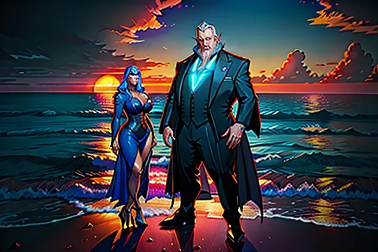 concept art, 65 year old, a wizard, thicc, frock, carbon, ocean, sunrise, neon lights, serious, 8k, professional