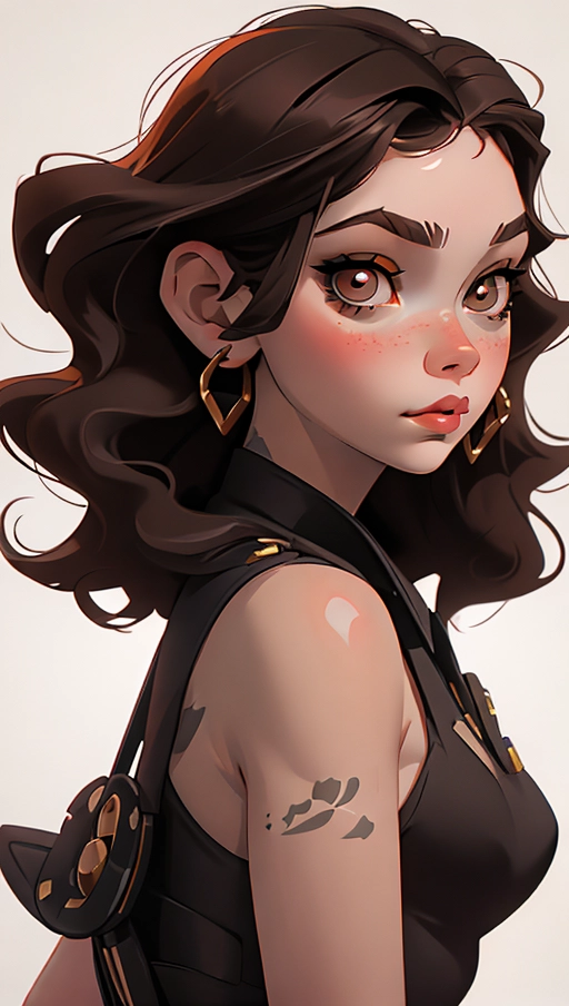 Young heavy metal woman, cute face, Brown eyes, rosy cheeks, pale skin, wavy black hair, heavy eyeshadow, tattoos, nude, small breasts, highly detailed skin textures, highly detailed eyes, blank white background, lip ring