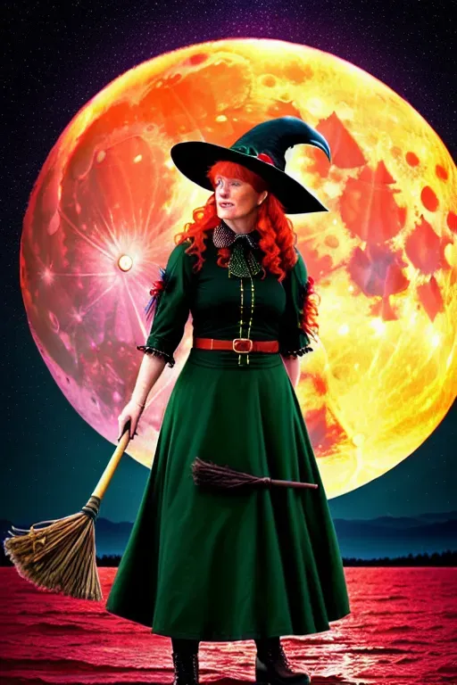ultra realistic photo, (((big full red moon))) ,river, gilf:witch: redhead, dark green hat, (( raven)), high detailed face, dark mystic light, freckles in face, earrings, green eyes, ((full body view)), side ((view)), ((riding on broom))