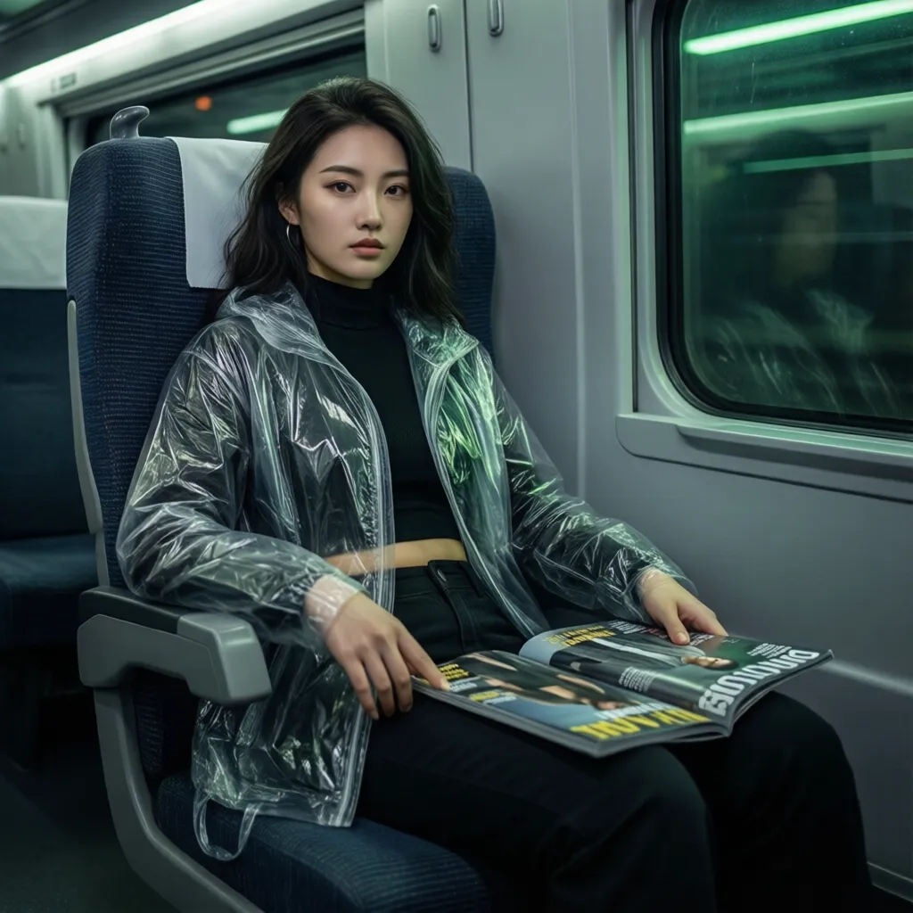 a Chinese model is sitting on a train, magazine cover, clothes made of plastic, photorealistic, futuristic style, gray and green light, movie lighting, 32K HD