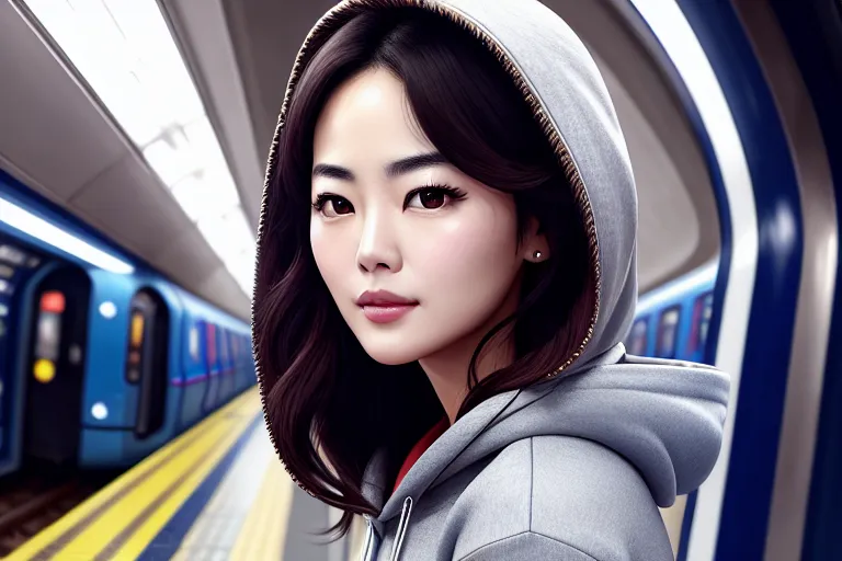 a digital painting of,song hye kyo,wearing hoodie,kneeing,in the london underground,five fingers per hand,fishtail hair,charming face,beautiful lips,curved eyebrows,curved eyelid,textured skin,romantic,wearing necklace,bokeh,cinematic lighting,pixiv,8k,professional