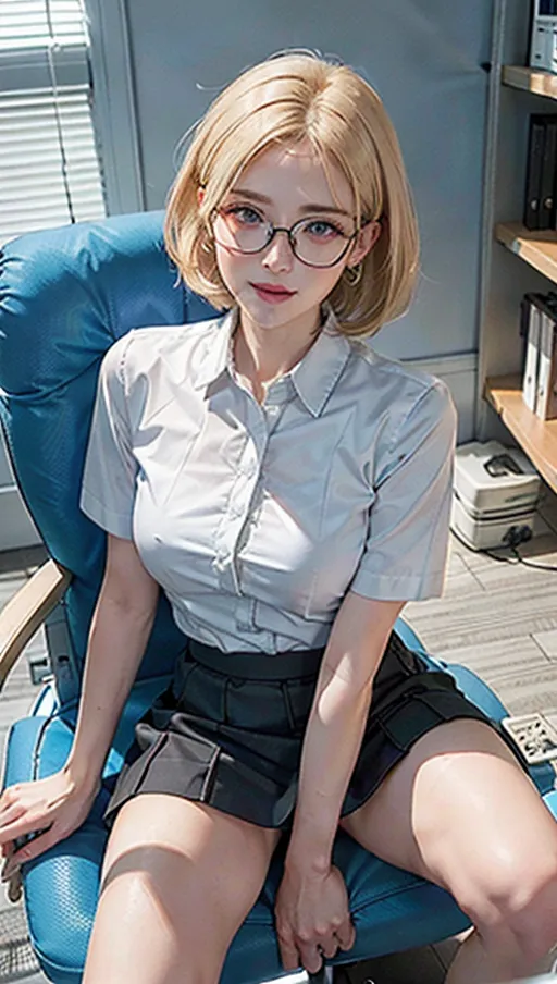 Masterpiece, perfect edges, ultra realistic, perfect anatomy, realistic skin texture, (soft natural lighting),(soft white glow),(((short ash-blonde hair with great details))),face photorealistic, highly detailed face, highly detailed photorealistic eyes, perfect hands,(highly detailed photorealistic skin), pores, no makeup, natural beauty,
(((medium firm and perky breasts))),tall, wide hips, lean athletic build, blue eyes,(((white office blouse casual wear, black short skirt))), wire rim glasses ,(sitting in office chair),
smiling seductively, looking at viewer, pov, opening legs, showing black lace panties, scrunched up skirt, playing with vagina, fingering , <lora:dpmg_fingering:1>