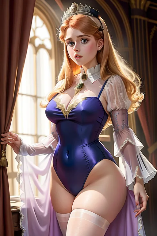 a young Princess Beatrice wearing a Leotard with Sheer or Lace Panels, plunging neckline, bell sleeves