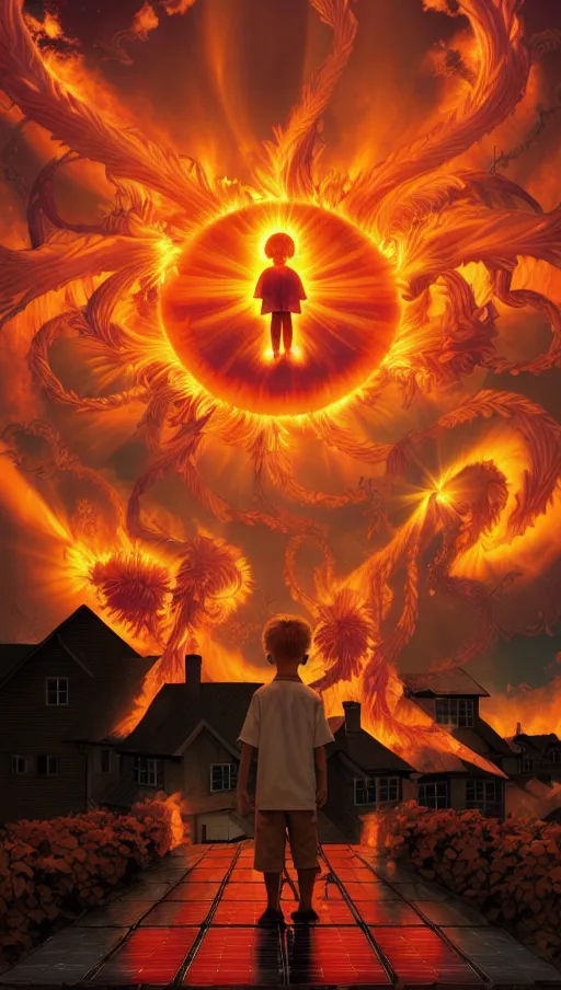 ((the sky is on fire from the sun erupting with solar flares shaped like tendrils)),
(The village beneath is on fire),
(A boy wearing white stares up at the eye in the sky),