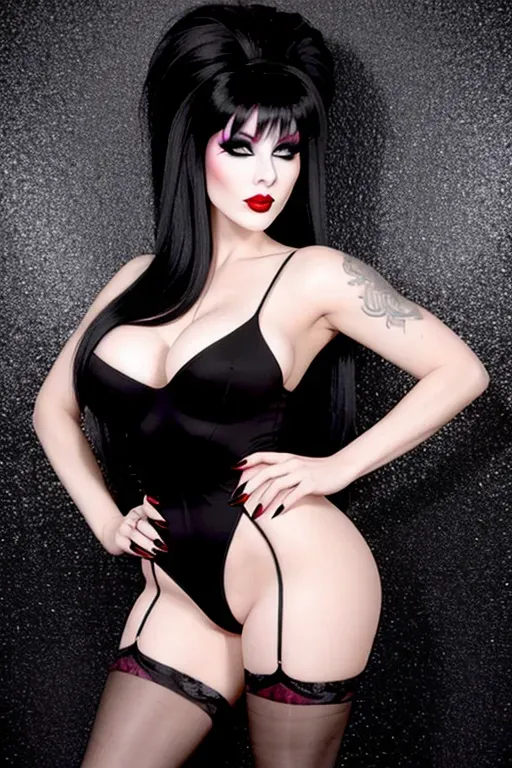 A 8k resolution full body photo shot of, (Elvira mistress of the dark):1, ultra realistic, (tall black hive hairstyle):.9, (pale skin):1, nude:.9, (strong and wide black eye make-up):.8, athletic:.8, (grey eyes):.7, (black high heels):.8, (strong red blush):.8, (hair up):.7, (back facing the camera):.8, (black thigh-high stockings):.6, (sexy):.6, (erotic):.6, (goth):.6, (standing):.7, athletic butt, showing butt, black high heels, strong make-up, 80s make-up, goth make-up, red lips, sensual, over-the-top make-up, (full body shot):.8, beehive hair, looking back, butt plug, standing with legs apart and arms to her head, bokeh