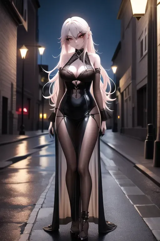 digital art, a gorgeous gothic girl, insanely beautiful, fully naked, street, night, street lights, serious, 8k,