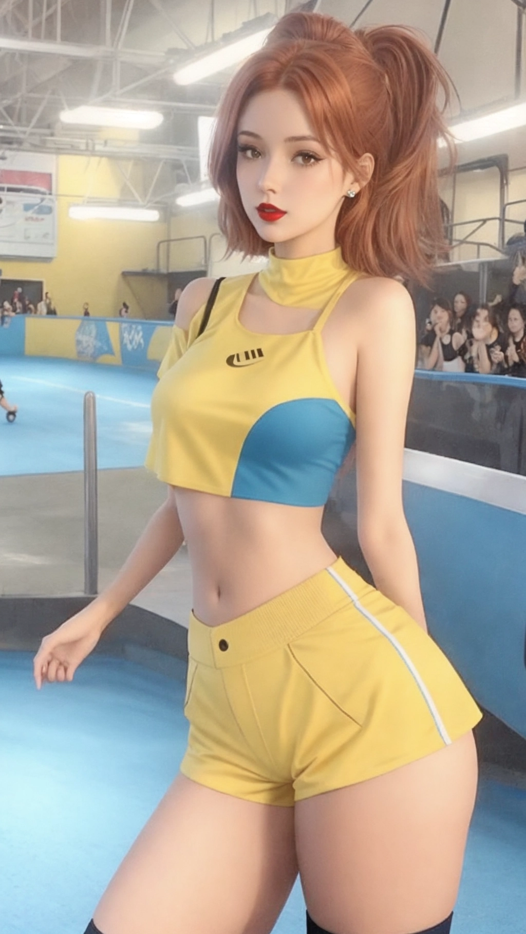 Skinny woman with curves, she has auburn hair, she is wearing a yellow crop top, blue short shorts, she is at a skating rink and has skates on, red lipstick, thigh high socks,