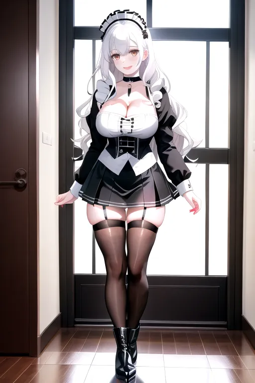 miniskirt, black maid uniform, white hair, choker, brown eyes, pale skin, giant breasts, boots, cleavage, high heels, looking at viewer, walking across room, living room, 1girl, smiling, wavy hair, 8K, Full body photo, slim body