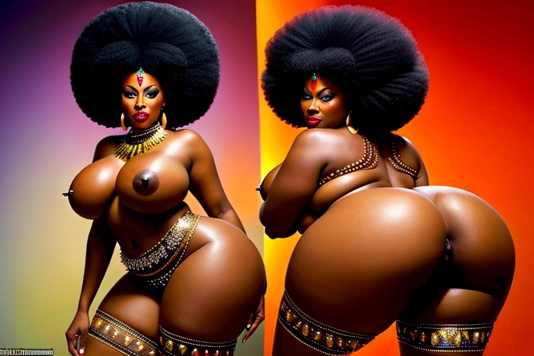 evil sexy black goddess with huge afro enormous tits and giant ass wearing tribal outfit twerking