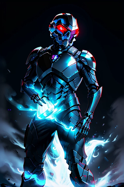 Sci-fi, the year 3024, humans are a part of a large mean space empire, our subject is an awesome male marine officer, colonel rank, bounty hunter, human male, sinister, ghostly, intimidating, tough, sleek dark black armor, (((white skeleton skull shaped mask on helmet))), black armor, red ambient lights, mean appearance, masculine, muscular build, holding a chrome futuristic revolver pistol, red ambient lights on armor, colonel rank, red and black colors, snowy forst planet backdrop, ((high definition)), ((4k quality)), ((excellent lighting)), ((great shading)), ((pristine detail)), ((very clear picture)), ((beautiful vibrant colors)), ((accurate at lower prompt guidence)), ((ultra realistic)), (((five fingers per hand))), (((two arms))), (((two legs))), (((detailed hi-res eyes))), (((highly detailed irises))), (detailed realistic gun.), (((full body picture)))