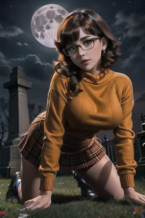 Photo of velma from scooby doo, young woman, wearing an orange sweater, wearing a plaid miniskirt, wearing knee high socks, looking at away from Camara, beautiful face, beautiful eyes, small pupils, short brown hair, big plump breasts, lifting up her shirt to expose breasts, in dark cemetery, at night, full moon, volumetric lighting, focused, crawling on all-fours, upskirt, fingering pussy, erotic
