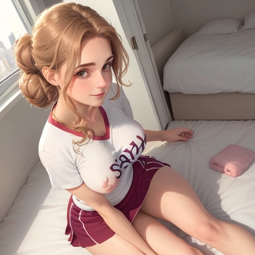 (she is giving me a hand job), peter north penis in her hand, (pov of viewer), she is enjoying it, smiling 25 year old girl, a bed in a bedroom, she is sitting on the bed, (((she is leaning her elbows onto her knees))), 8k, netball uniform, her feet are on the floor, ((view from the floor below her)), light brown hair color, (hair tied back with a hair claw), pastel room colors, cushions, pillows, soft toys, soft lighting, (puffy areola nipples),