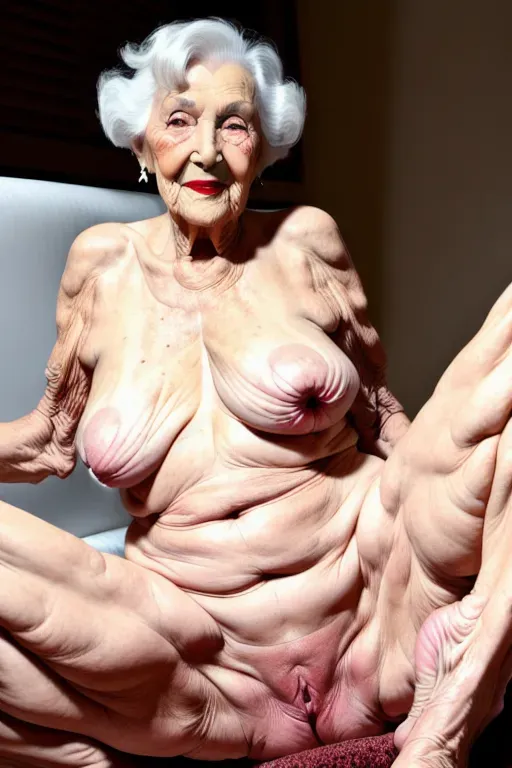 (great grandmother),(85 years old),(naked),(wrinkled skin),(red lipstick),(eye shadow), Squatting, showing pussy