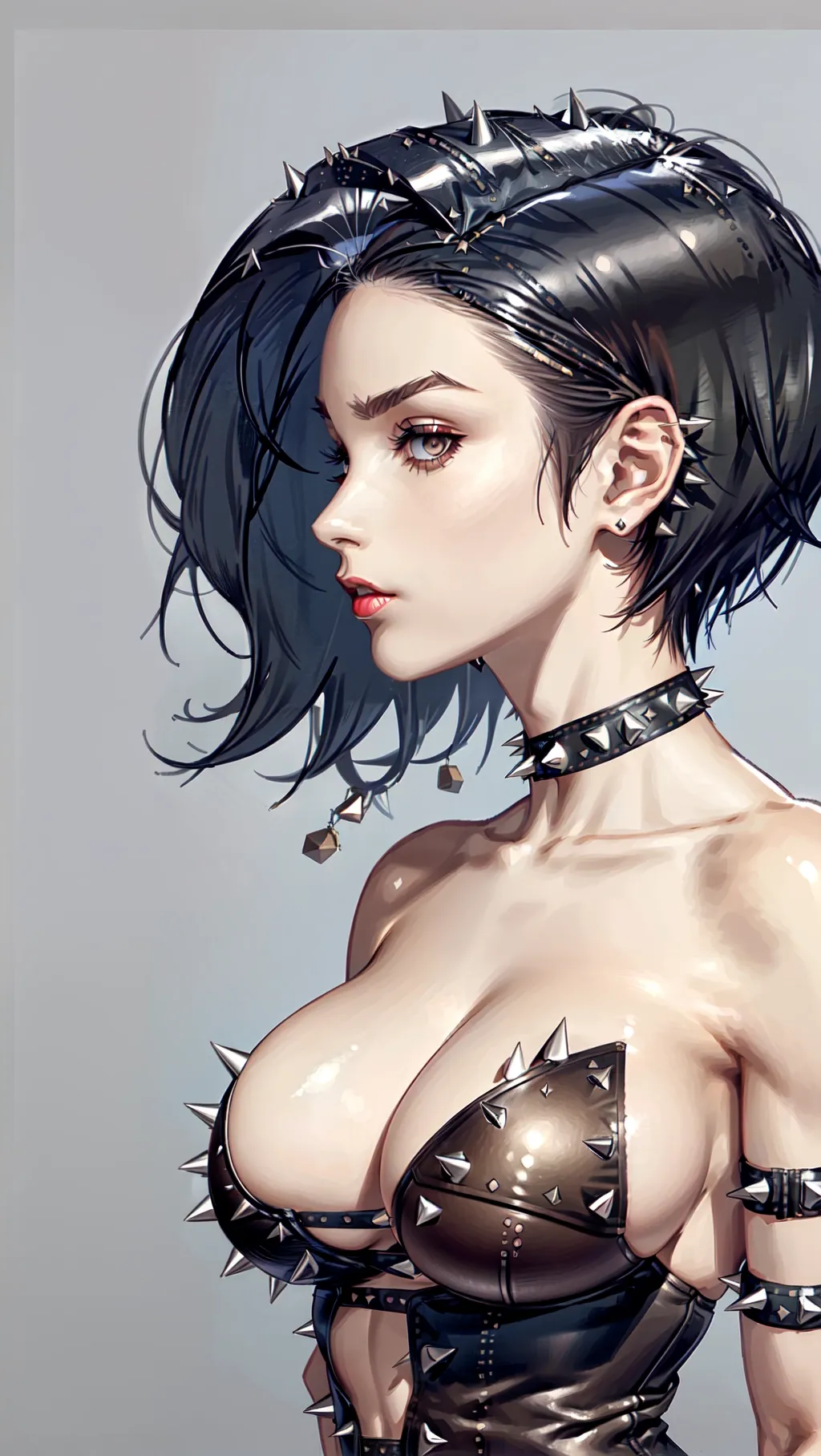Female, short spiky hair, large breasts, athletic toned body, wearing a studded leather bodice