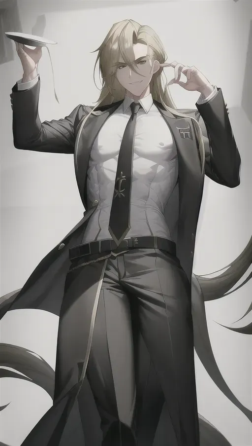 Male, 1man, white shirt, black jacket, waist length hair, hair with blonde and black, absurdres, 8k photograph, Caucasian, genderswapped league of legends akali, no breasts, nsfw, masculine, black stripes in hair, perfect anatomy, perfect fingers, five fingers on hands, two hands, smiling, ((((male)))), bare chest, abs