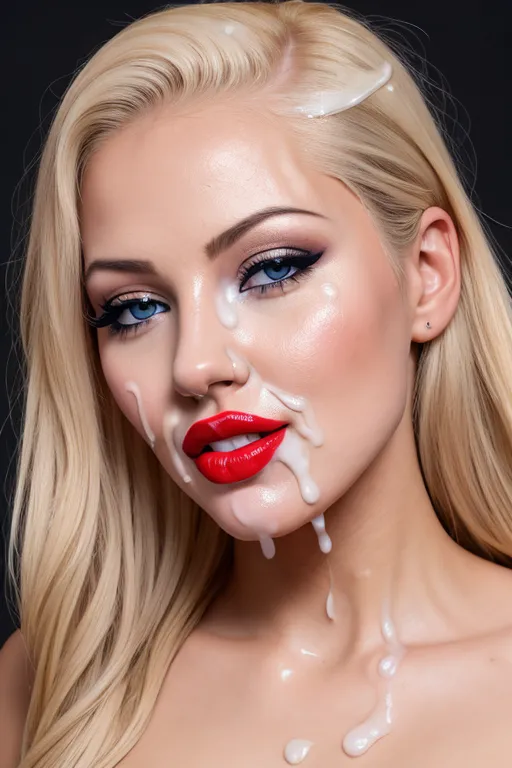 a 8k high resolution photo of beautiful blonde female, ((dpmg_face_cum_v1)),(((cum on face))), ((a lot of cum on face)), ((cum in hair)), (((cum on chin))), (((cum on eyes))), (((cum on forehead))), (looking straight into the camera), (fake eyelashes), detailed female anatomical features, (heavy black eyeliner), (((red lipstick))), textured skin, (blue eyes),