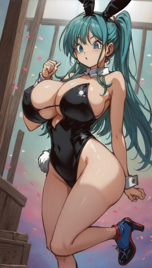 (((Busty Bulma from Dragonball with long hair wearing a playboy bunny costume with gigantic boobs)) (((black one piece strapless swimsuit))) (((blue leggings))) ((small waist and toned stomach)) (((32GGG-28-30 measurements))) (((high definition))) (((oiled skin))) (((shiny skin))) (((gigantic boobs))) (((maximum sized boobs))) (((huge nipples))) (((sagging boobs))) (shaved pussy) (((best highlights))) (((dimly lit room))) (((soft filter))) (((eyes in focus))) <lora:female ejaculation:1>