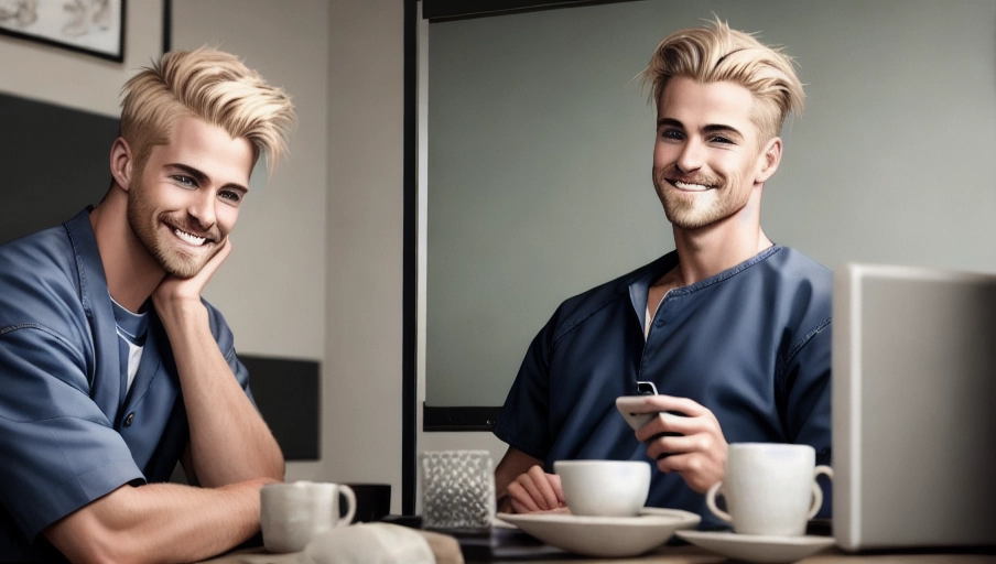((2 men)), 8k, top quality, high res, masterpiece, ((photorealistic)) The photo shows a very handsome thirty something male with dirty blond hair and blue eyes sitting cross legged on a navy colored sectional dressed in modern athleisure. He is watching an inmate on his big screen TV from a chic downtown apartment. The dark-haired inmate on the TV screen is currently in jail and holding a phone up to his ear while he looks at a tiny screen on the wall. The handsome dark haired inmate is seen on the tv screen in the blond mans apartment. the inmate has dark hair and dark eyes. He is 30 years old with short almost buzzed haircut. The highly detailed inmate on the tv with dark hair is dressed in prison clothing. Both are smiling and happy. the perfect blond man with chiseled jawline and mustache is in his apartment on the sofa facing his tv. a dark haired inmate is seen on the tv screen holding a phone receiver. the two men are in different places.