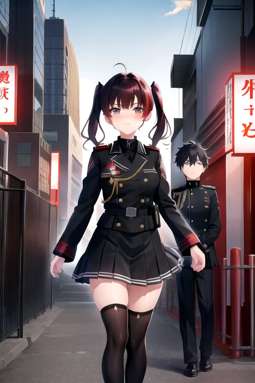 light novel cover, cityscape background, two people, a teenage boy with short black hair and a black military uniform, a teenage girl with dark red hair and twintails in a Japanese schoolgirl uniform, tsundere