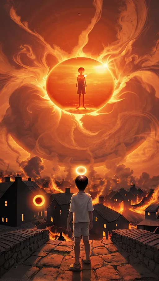 ((the sun in the sky has a thin black oval inside it)),
(The village beneath is on fire),
(A boy wearing white stares up at the eye in the sky),