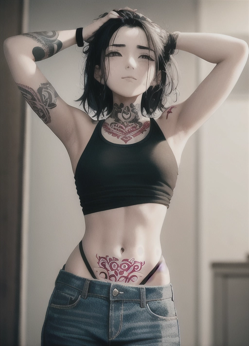 woman standing with hands around head, tattoos, small top