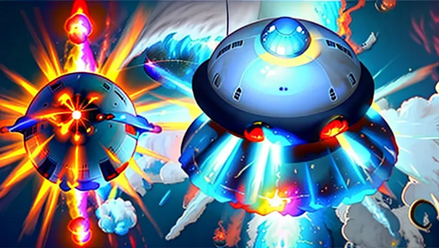 Top view of ufo crash landing explosion into the sea, ufo crash in far distance away, ufo as viewed from above