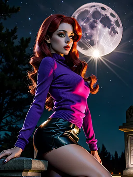 Photo of Daphne from scooby doo, young woman, wearing a tight purple sweater, wearing a purple miniskirt, wearing ankle socks, looking at Camara, beautiful face, beautiful eyes, small pupils, long red hair, in dark cemetery, at night, full moon, volumetric lighting, focused, crawling on all-fours, upskirt, fingering pussy, erotic