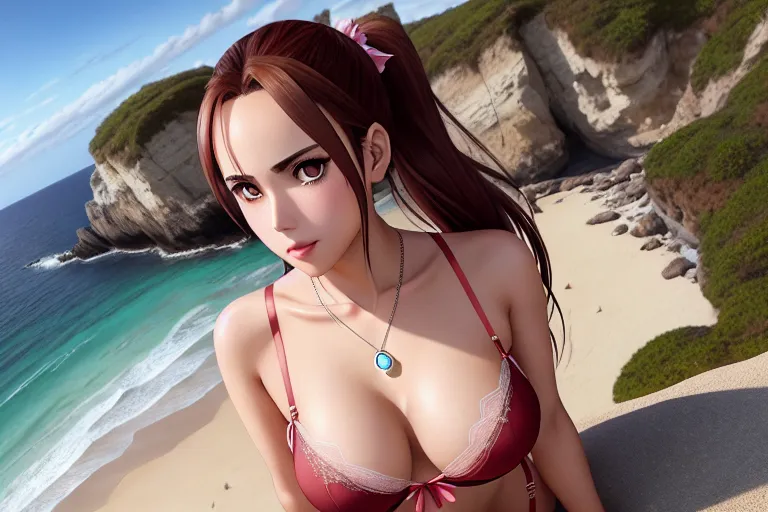 a color pencil draw of,asuna yuuki,wearing lingerie,shooting from a high point,on the beach,small breasts,five slender fingers,ponytail,beautiful face,beautiful lips,detailed large eyes,curved eyebrows,curved eyelid,satisfaction,wearing necklace,cgsociety,bokeh,professional,ultra realistic,cinematic lighting