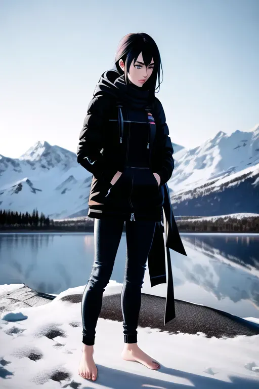 hoodie, black jeans, fingerless_gloves, toeless_gloves, feet, toes, electrical_tape, black_lipstick, standing, fighting, tape, barefoot, lake, ice, frozen, winter, 2 girls, scarf, cell phone, footprints,