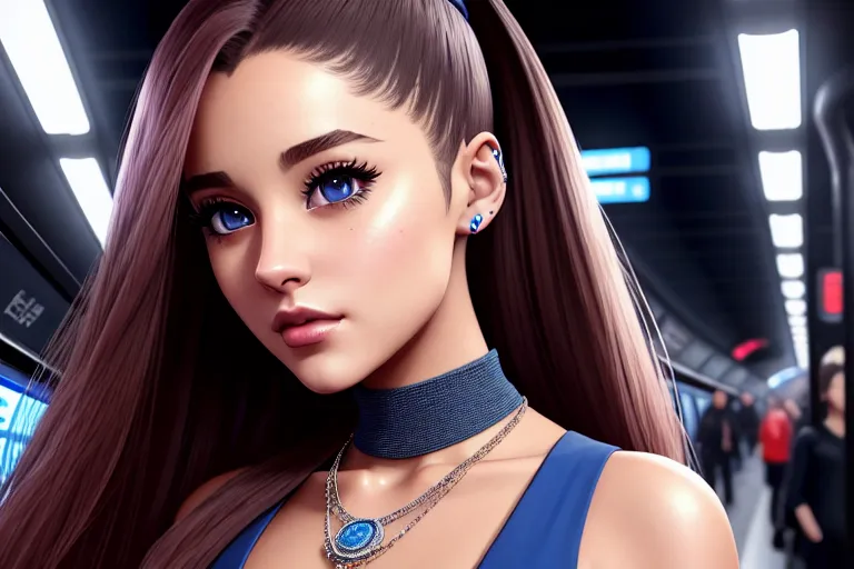 a illustration of,ariana grande,walking,in the london underground,five slender fingers,beautiful face,beautiful lips,blue eyes,curved eyebrows,curved eyelid,smooth skin,wearing necklace,surreal,highly detailed,unreal engine,cgsociety,studio lighting