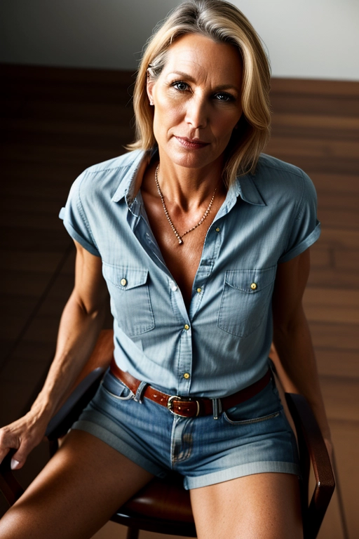 (a single woman), photorealistic, HDR, masterpiece, a happy, beautiful and stunning Swedish-American, 40 years old, beautiful face, detailed face, pores, (medium breasts:1.2), (wearing an unbuttoned shirt:1.3), wearing shorts, sitting on a chair, full-body, (view from below:1.3), natural breasts, (legs:1.2), 4k wide-angle lens, raw photo, high contrast