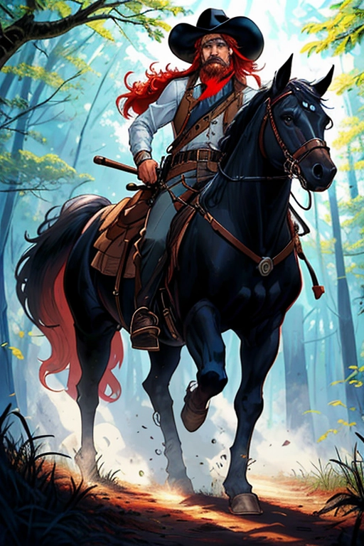 Old wild west, A badass cowboy riding his badass horse, US Marshall, former confederate army officer from Georgia C.S.A , black cowboy hat with white band and a feather, red hair, red beard, sharp blue eyes, gritting teeth, strong chin, a scar across his face, strong build, black cowboy outfit, long brown trench coat, black boot cut pants, two six shooter revolver pistols, one pistol is drawn, the other pistol is in the holster, two gun holsters, gun belt with bullets line in, black cowboy boots with spurs, riding in the saddle of his black horse, large mean black stallion, jeweled stirrups, in the forest, fending of a pack of wolves, ((high definition)), ((4k quality)), ((excellent lighting)), ((great shading)), ((pristine detail)), ((really clear picture)), ((beautiful vibrant colors)), ((accurate at lower prompt guidence)), ((ultra realistic)), (((five fingers per hand))), (((two arms per person))), (((two legs per person))),