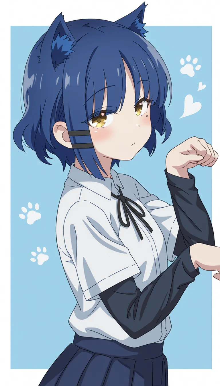 best quality, score_7, score_9, sensitive, very aesthetic, ultra detailed, fair skin, explicit, high contrast, 1girl, yamada ryo,
puteme,
animal ears, blue short hair, blush, cat ears, hair ornament, heart, yellow eyes, black ribbon, black undershirt, blue pleated skirt, hairclip, paw print, white shirt, closed mouth, from side, looking at viewer, solo, white border, parallel hairclips, single paw pose, border, blue hair, neck ribbon, long sleeves, cat girl, short over long sleeves, layered sleeve, collared shirt, animal ear fluff, skirt, shirt, short sleeves, upper body, ribbon, outside border, layered sleeves,
The scene features a young girl with vibrant blue hair and pointed cat ears, wearing a white collared shirt with a black bow tie. She is dressed in a dark skirt and has a small mole under her left eye. Her expression is playful as she looks slightly to the side while holding her right hand up near her face. The background is a simple light blue with paw prints scattered around, adding to the cute and whimsical atmosphere of the illustration.