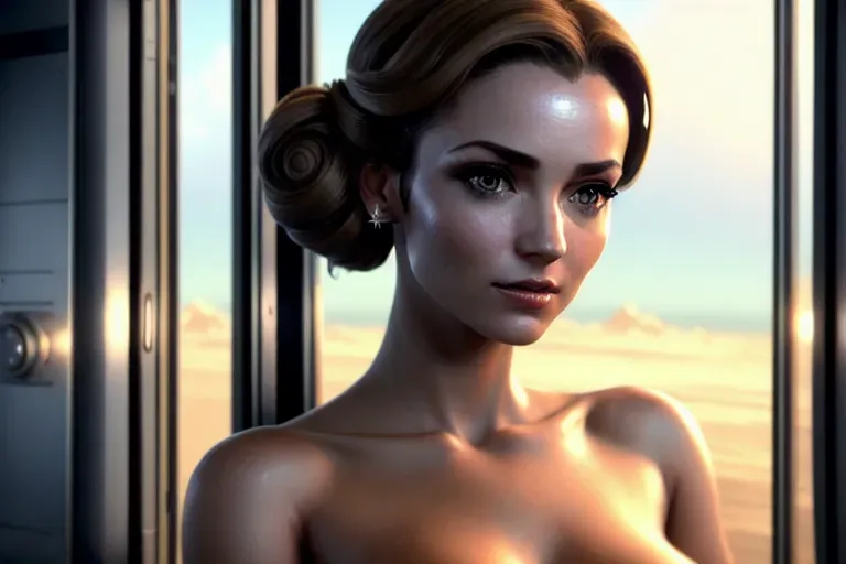 in a space station,small breasts,updo hair,beautiful face,beautiful lips,unreal engine,ultra realistic,masturbating,realistic anatomy,nude,full scene,looking out window to space,hot,sexy,zoomed out