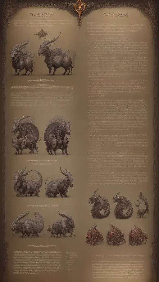 ((8k, high detail, ultra-crisp, high resolution)) character design sheet from artist Edward binkley of a monster riding a cryptozoology creature . ((Medieval bestiary art)) (((Diablo game bestiary art)))