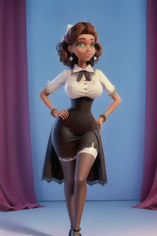 Bust 35 inches, Waist 24 inches, Hips 36 inches, Slender slim Toned frame, frocks with Lace collars and cuffs, Bows at the back, White stockings, Black Mary Jane shoes,