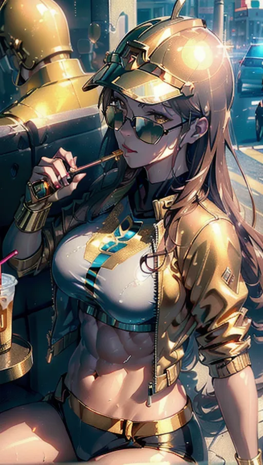 Best quality, high res, 1 adult woman, (a breathtaking masterpiece of extremely close up detailed face of a muscular adult woman with golden helmet on head drinking bubble tea on a busy tokyo city streets), (long flowing brown hair, golden Gladiator helmet on head, short sporty jacket showing abs and bellybutton, fancy sunglasses:1.35),
(extremely detailed face with a confident expression:1.38), (extremely detailed golden eyes looking at viewer:1.42), (extremely detailed full lips smiling energetically:1.24), (perfect hands, perfect fingers), (extreme close up face of a woman drinking bubble tea with a straw, zoomed in detailed shot of face from the side:1.25),
abstract feel during midday, high contrast, ((ethereal, erotic), fierce and energetic, functionally nude, energetic and expressive pose), muscular, beautiful soft lighting, (glistening with sweat:1.2),
(candid:1.1), (soft focus, beautiful soft midday lighting, flat shading stylised art:1.27), (physically-based ray tracing, photon mapping, photorealistic:1.45), (high resolution masterpiece, 4k, HDR, UHD:1.25), tokyo city streets background, 8k, HDR, UHD, vivid colours, gladiator helmet