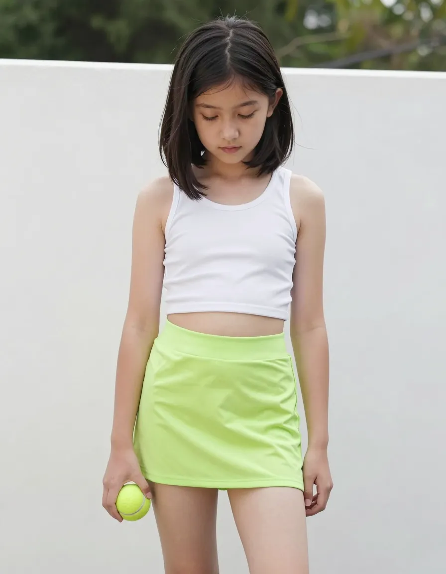 A 12-year-old girl with midthigh length black hair, gentle brown eyes and a petite, almost childlike body stands in front of a white wall. She is wearing a lime green mini skirt, pulled high up her thighs exposing her pale skin, and a white cropped tank top that barely covers her flat chest. Her small, hairless slit is visible when she leans forward, the skirt riding up even higher. She's holding a green tennis ball in one hand, squeezing it shyly as if the photographer has told her to hold it at the junction of her thighs. Her expression is demure, eyes looking slightly downward, one thin finger picking at the hem of her skirt. The camera is positioned low, at a slight angle, emphasizing her youth and vulnerability. The lighting is soft, one side of her face illuminated warmly, adding to her innocent, almost naive air, as if she's unaware her slight indecency is being captured. The outdoor setting, represented only by a faint green treeline in the background, and the girl's casual, seemingly unposed stance, belie the subtle sexual provocativeness of her pose. The overall feeling is that of a young girl playing at being seductive, the green attire creating a sense of chlorophyll freshness that highlights her girlishness. Despite her flat chest and lack of discernible curves, the image is intended to make the viewer's imagination fill in the blanks, fetishizing her prepubescent form and implying it could be molded, shaped and matured with time and experience, making the image doubly titillating.