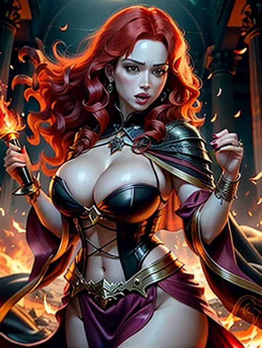 fierce, beautiful confident Christina Hendricks as Circe a powerful witch, summoning eldritch arcane forces, brandishing a flaming dagger, in a ruined ancient temple, wearing sheer silk robe, Glorious mane of red hair, five fingers per hand, long hair, beautiful face, beautiful lips, curved eyebrows, curved eyelid, pale skin, epic. surreal, smooth, pixiv, studio lighting, cinematic lighting, shouting a spell of terrible destruction, dynamic pose, wild gestures